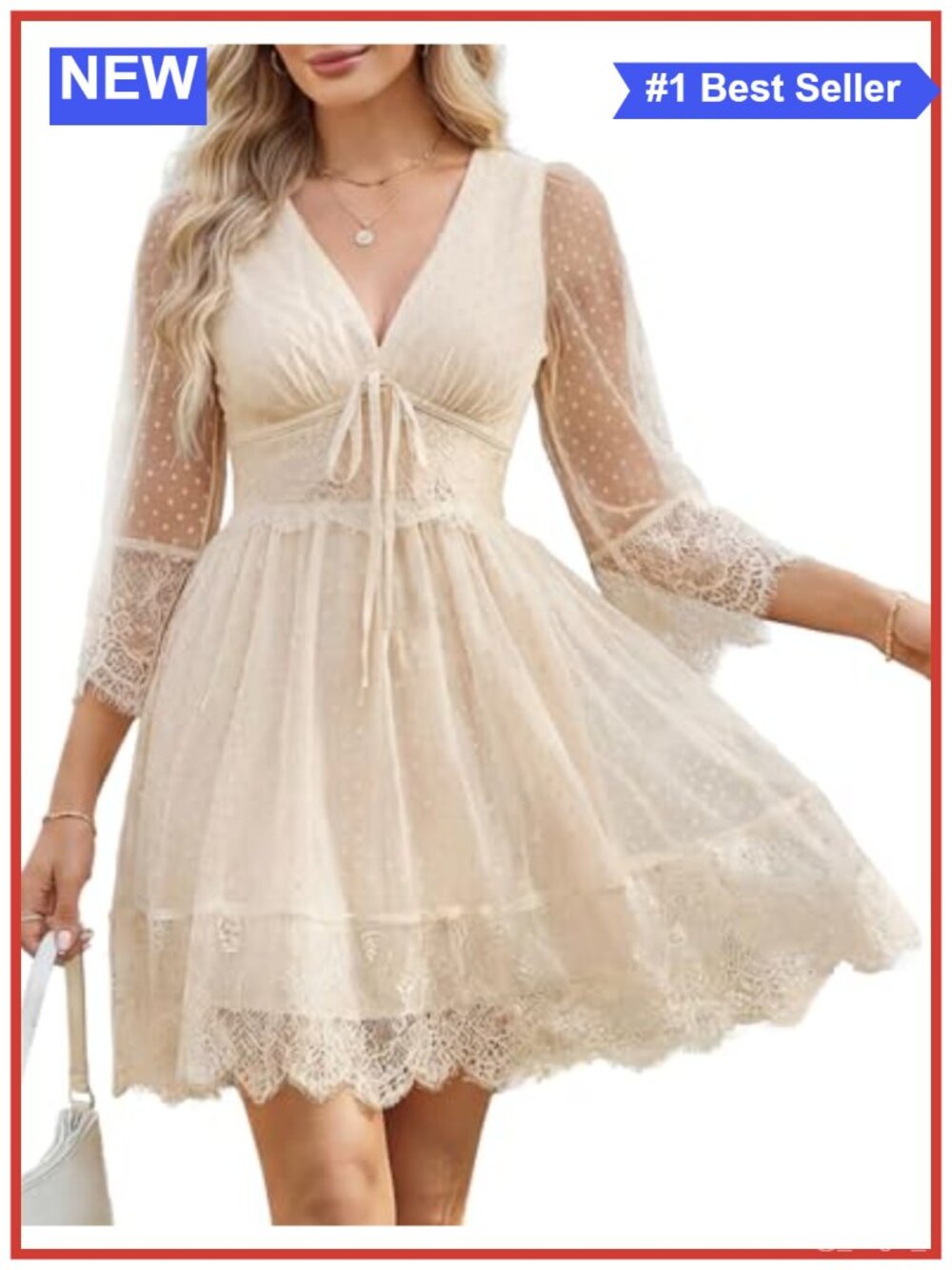 Boho Lace Patchwork Deep V-Neck Mini Dress Smocked Back